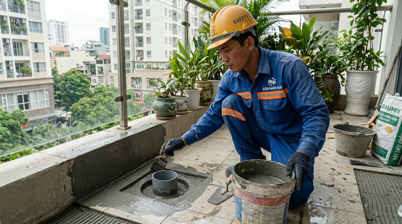 Xử Lý Thấm Ban Công & Cổ Ống Thoát Sàn Ngoài Trời: Ngăn Chặn Nước Thấm Loang Trần Tầng Dưới