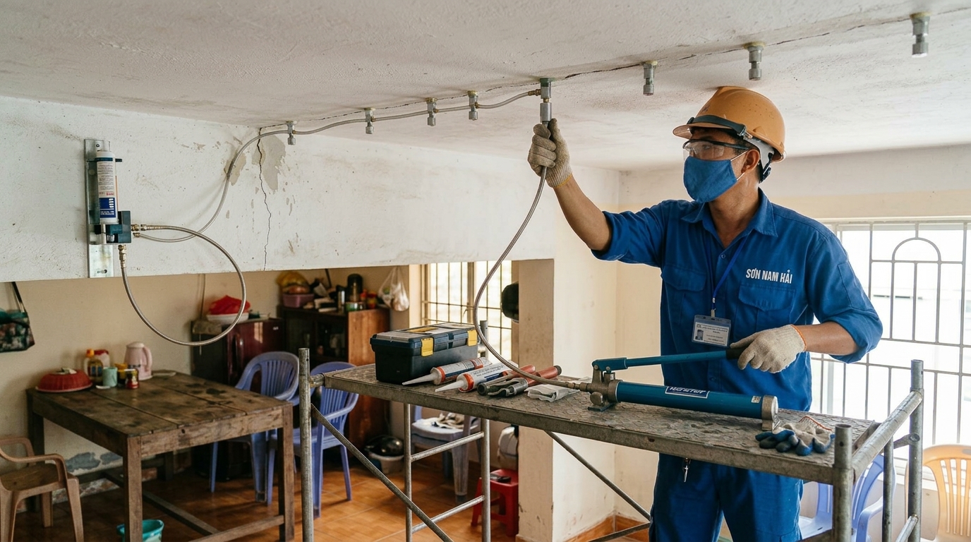 Phương Pháp Bơm Keo Epoxy Áp Lực Cao Hàn Gắn Vết Nứt Sàn Dầm Bê Tông Triệt Để