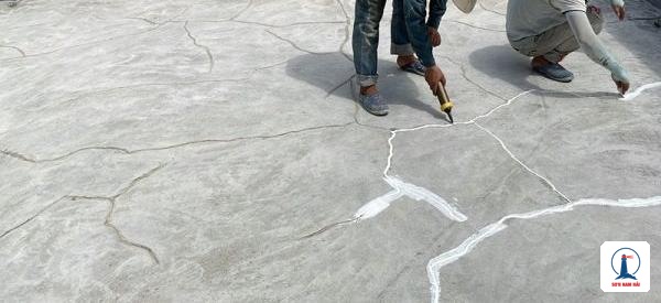 Thợ Sơn Nam Hải đục tỉa và trám khe nứt sàn mái